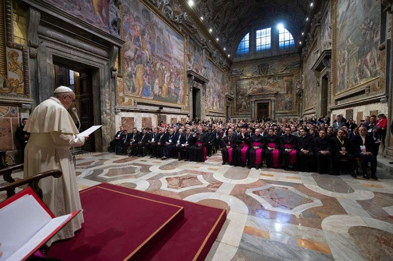 Pope Francis addresses participants in the international conference for rectors and operators of sanctuaries in the Vatican's Sala Regia