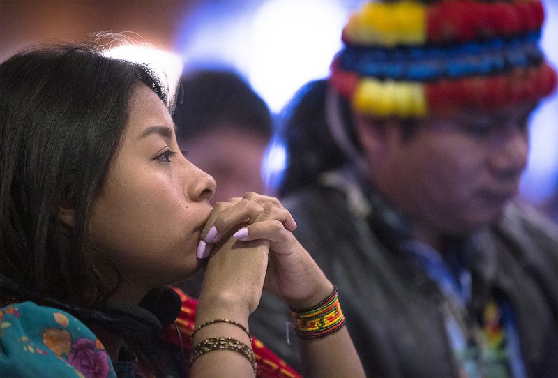Indigenous participants from South America's Amazon region attend the Integral Ecology summit at Georgetown University in Washington March 19