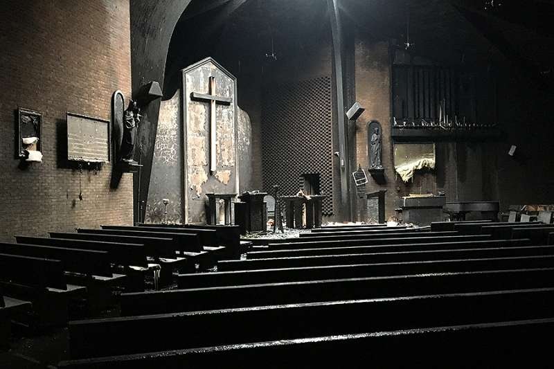 Fire damage at the chapel of Mary Help of Christians Academy in North Haledon