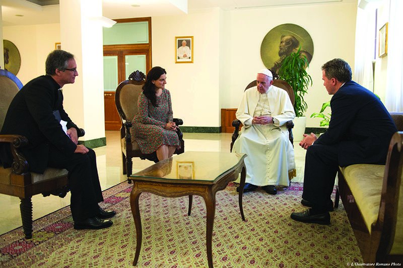 Pope Francis talks with Paloma Garcia Ovejero