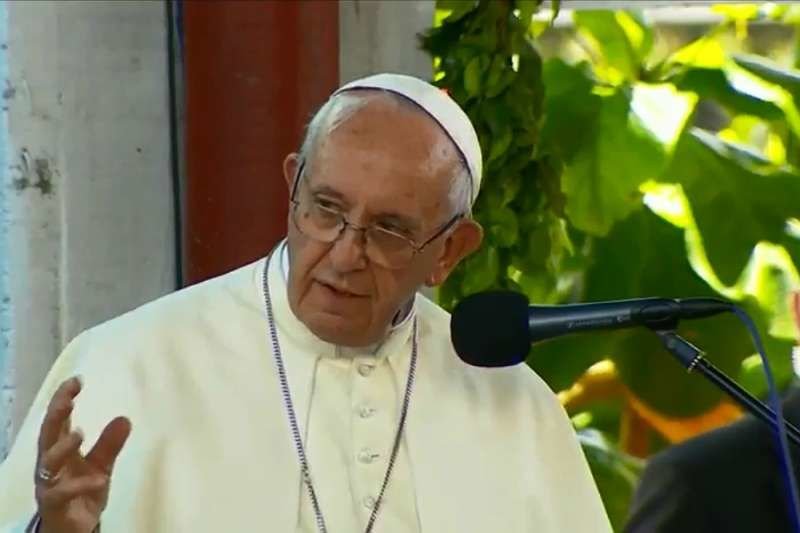 Pope Francis address the community of the Hogar El Principito children's home in Puerto Maldonado