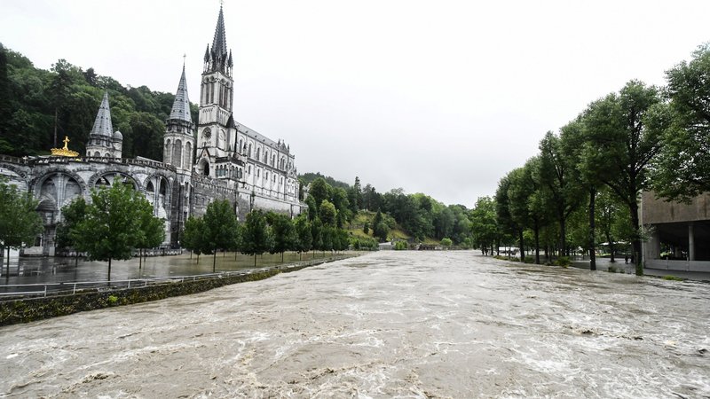 Flooded area near the Sanctuary of Notre Dame de Lourdes after heavy rainfalls in Lourdes