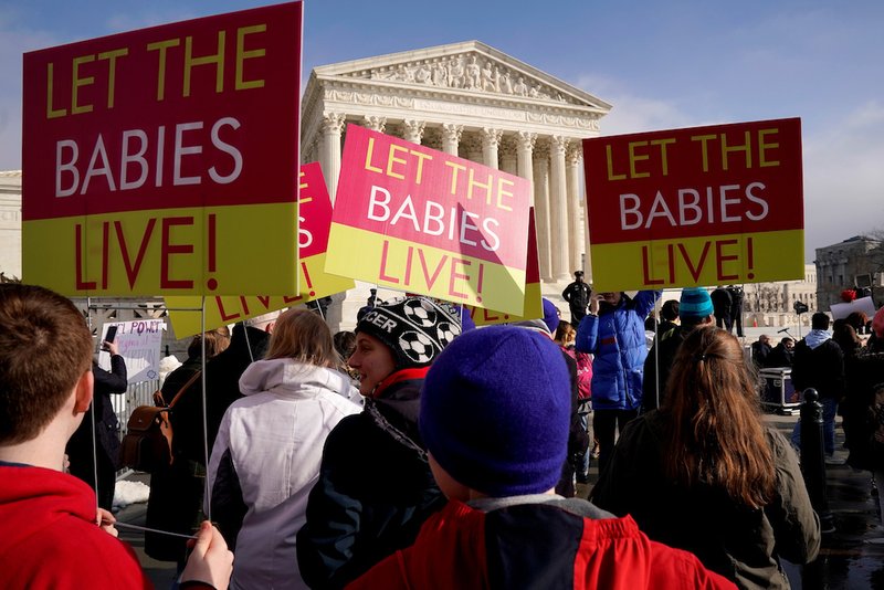 Pro-life supporters hold signs outside the U.S. Supreme Court during the annual March for Life rally in Washington Jan. 18