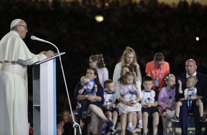 Pope Francis speaks during the Festival of Families at the Croke Park Stadium in Dublin