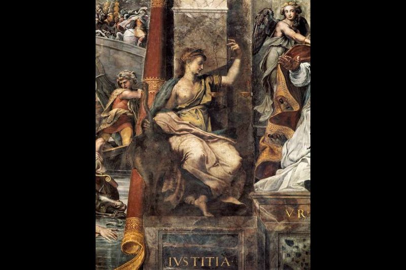 Detail from the The Battle of the Milvian Bridge _fresco in the Hall of Constantine in the Apostolic Palace showing an allegorical Justice (2/CNA)