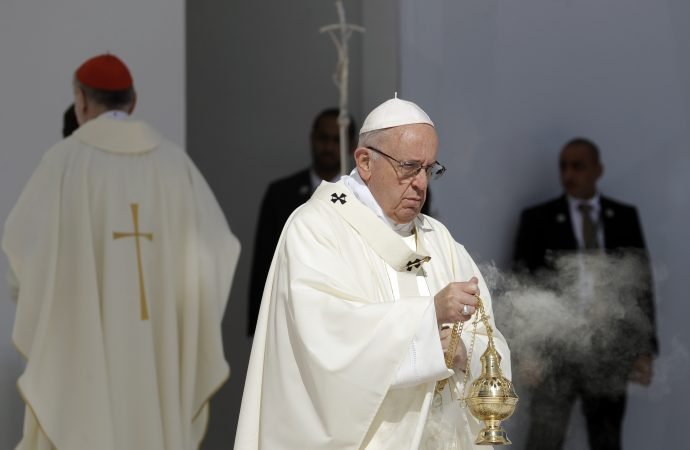 Pope Francis celebrates a Mass at the Sheikh Zayed Sports City Stadium in Abu Dhabi