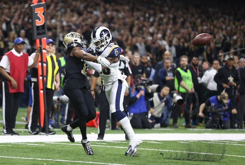 Los Angeles Rams defensive back Nickell Robey-Coleman breaks up a pass intended or New Orleans Saints wide receiver Tommylee Lewis during the fourth quarter of the NFC Championship game at Mercedes-Benz Superdome Jan. 20