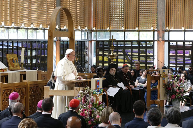Pope Francis speaks during an ecumenical prayer service at the World Council of Churches' ecumenical center in Geneva June 21. (CNS photo/Paul Haring)