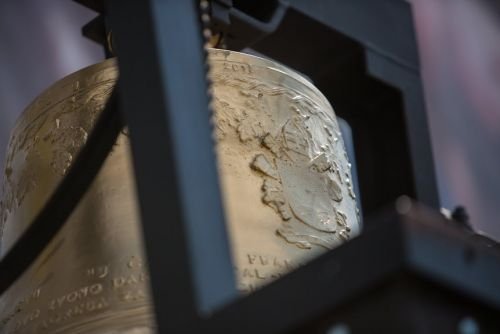 The St. Francis Xavier bell hangs in Sarajevo's Kosevo Stadium following a Mass said by Pope Francis
