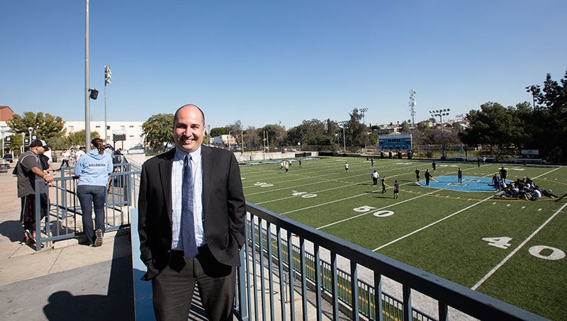 Principal Alex Chacon poses for a photo at Bishop Mora Salesian High School in Boyle Heights. This week