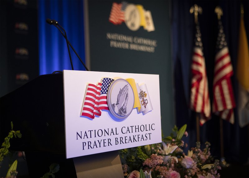 The stage of the National Catholic Prayer Breakfast is seen in Washington April 23