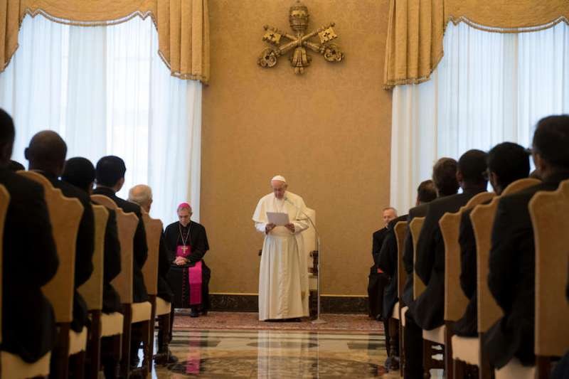 Pope Francis addresses students and staff from the College of the Gesu in Rome. Credit: Vatican Media.