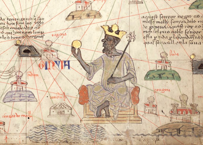 King Mansa Musa depicted holding a gold coin from the 1375 Catalan Atlas. (WIKIMEDIA COMMONS)
