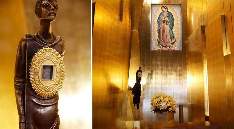 Relic of the tilma of the Virgin of Guadalupe in the cathedral chapel in Los Angeles. Courtesy of the Archdiocese of Los Angeles.