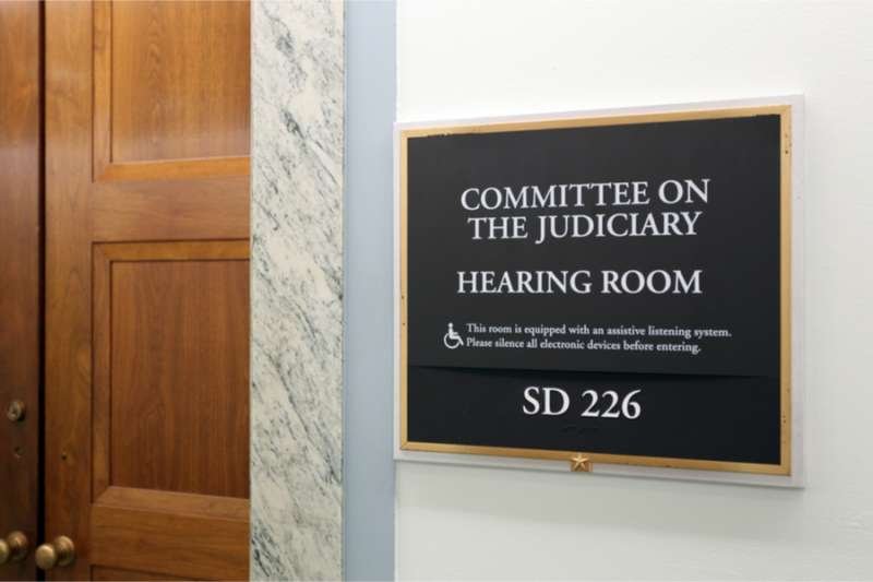 A sign at the entrance to a Senate Judiciary Committee hearing room in Washington