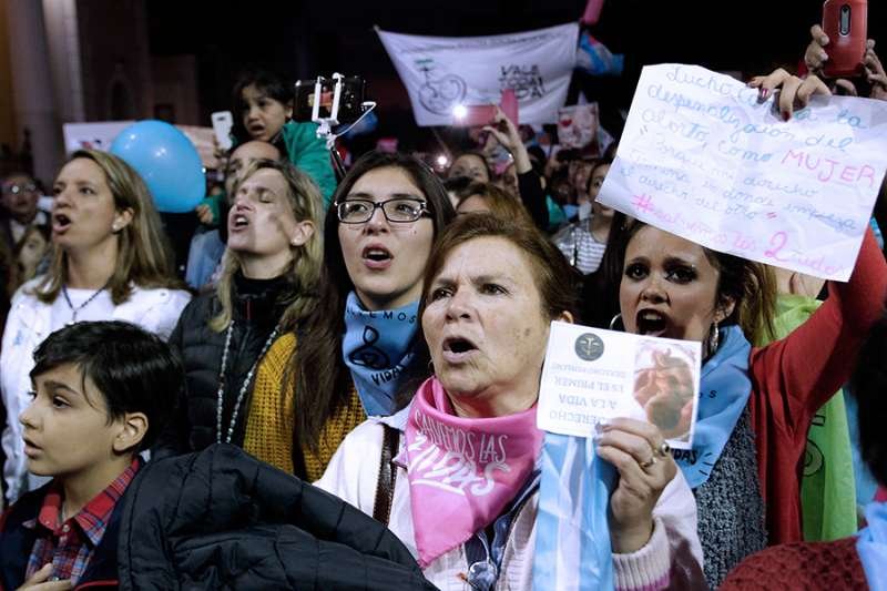 People demonstrate against the legalization of abortion in front of the Cathedral of Tucuman