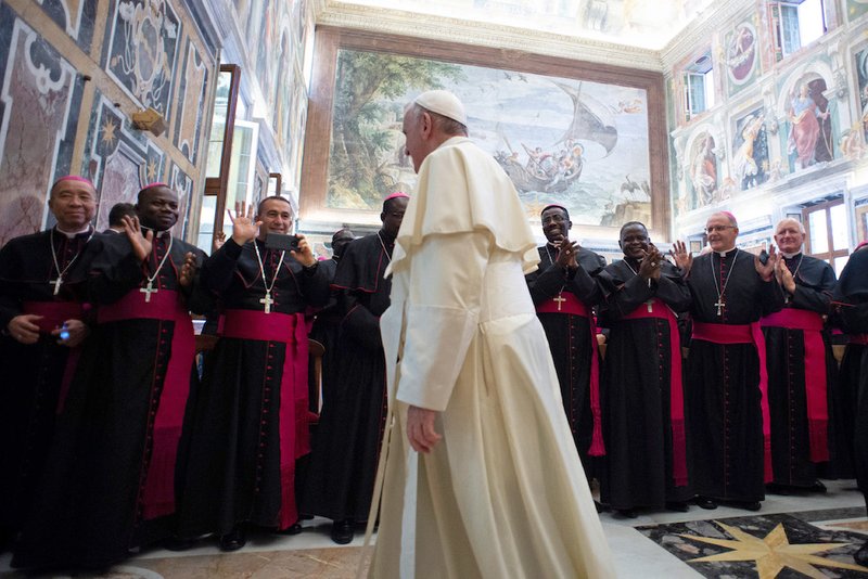 Pope Francis attends a meeting with new bishops from mission territories at the Vatican Sept. 8. The pope told them that the church needs bishops who promote unity