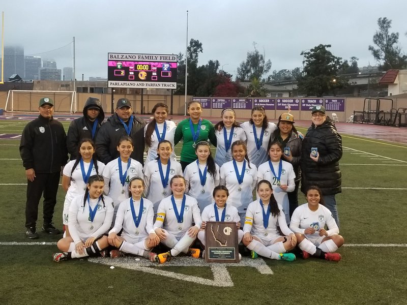San Gabriel Mission High School's soccer team and coaches celebrate after winning the Southern California Regional Division 5 Soccer Championship March 9. (Credit: San Gabriel Mission High School)