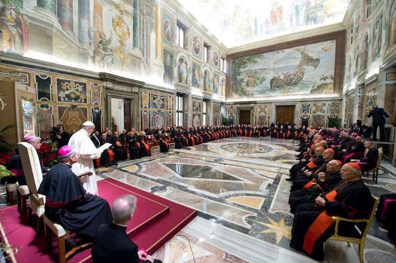 Pope Francis addresses the Roman Curia during his annual Christmas greeting Dec. 21