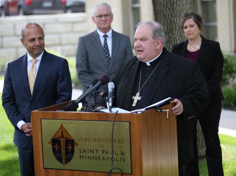 Archbishop Bernard A. Hebda of St. Paul and Minneapolis speaks during a May 31 news conference in St. Paul to announce the archdiocese has reached a joint reorganization plan with a committee representing survivors of clergy sex abuse. (CNS photo/Dave Hrbacek