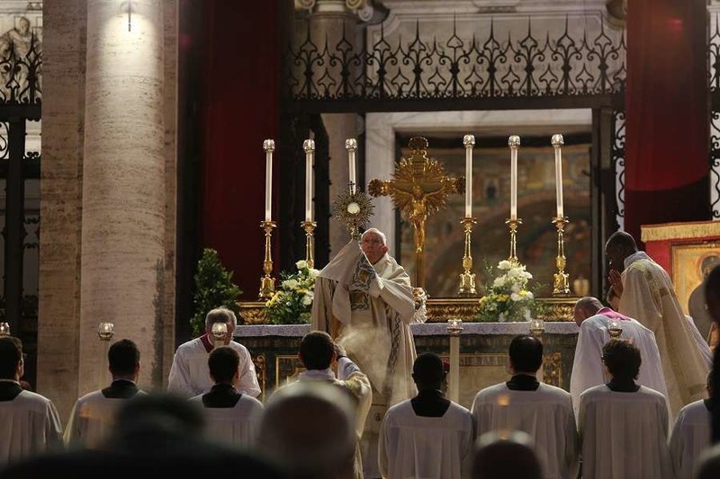 Pope Francis gives benediction on the Feast of Corpus Christi May 26