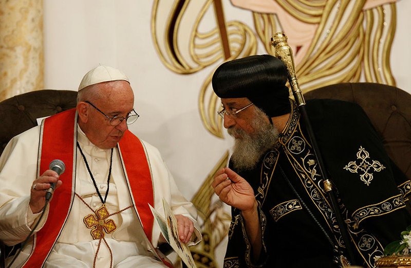 Pope Francis and Coptic Orthodox Pope Tawadros II attend an ecumenical prayer service at St. Peter’s Church in Cairo April 28. The church was the site of a December 2016 bombing. (CNS PHOTO/PAUL HARING)