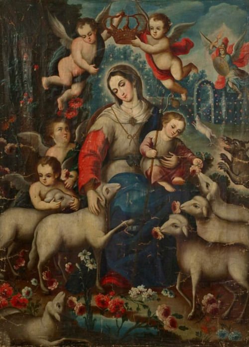 An 18th century painting of Mary as the Divine Shepherdess from the collection of the Carmel Mission in California.