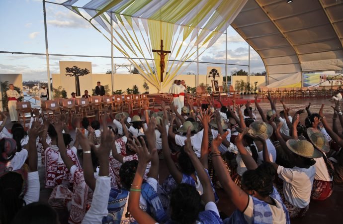 Faithful chant in the Soamandrakizay esplanade where they gathered for a vigil with youth celebrated by Pope Francis in Antananarivo