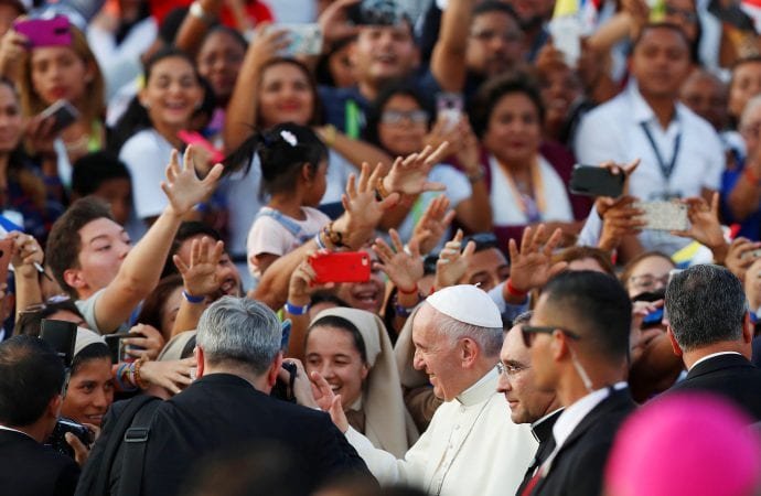 Pope Francis waves to the crowd during a departure ceremony at Tocumen International Airport after attending World Youth Day in Panama City Jan. 27