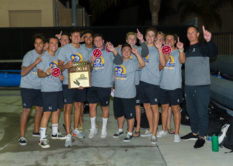 Servite’s boys’ water polo team celebrates its CIF-SS Division 3 title Nov. 10. (PHOTO COURTESY SERVITE HIGH SCHOOL)