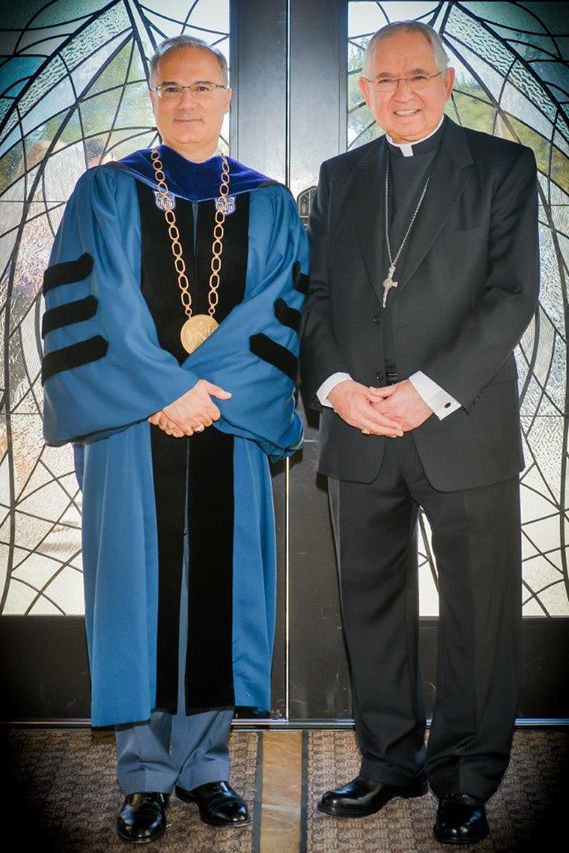Marymount California University president Lucas Lamadrid with Archbishop José H. Gomez of Los Angeles.