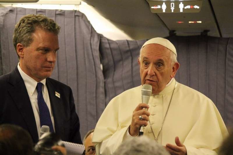 Pope Francis speaks aboard the papal plane from Lima