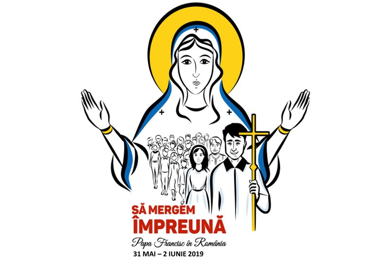 This is the logo for Pope Francis' trip to Romania in late May to call for unity and a greater focus on the common good. The theme of the visit is "Let's walk together" and shows Mary