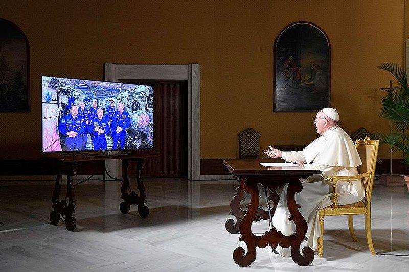 Pope Francis connecting live audio-video with the crew of Mission 53 onboard the International Space Station on Oct. 26