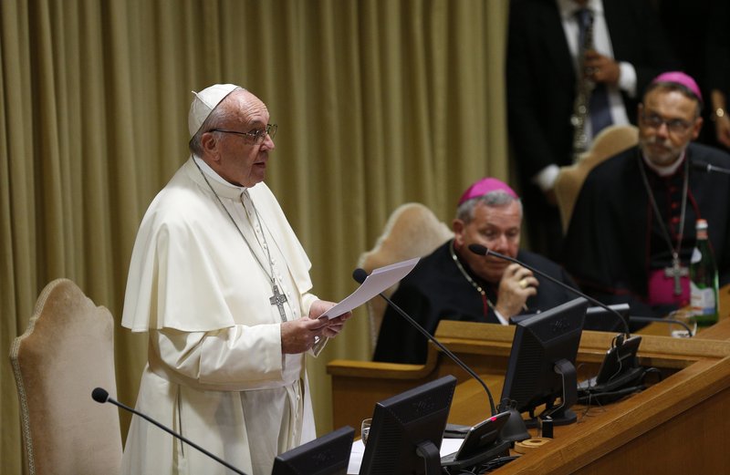 Pope Francis addresses participants at an encounter marking the 25th anniversary of the Catechism of the Catholic Church at the Vatican Oct. 11. The death penalty is "contrary to the Gospel