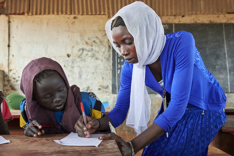 Basamat Alnoor Jakolo Aldabi teaches school in the Kaya Refugee Camp in Maban County