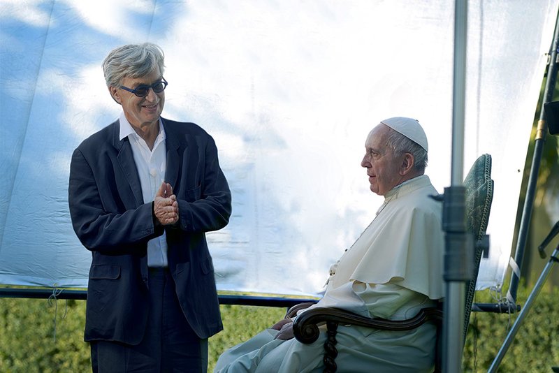Director Wim Wenders and Pope Francis on the set of “Pope Francis: A Man of His Word.” © ARTURO DELLE DONNE