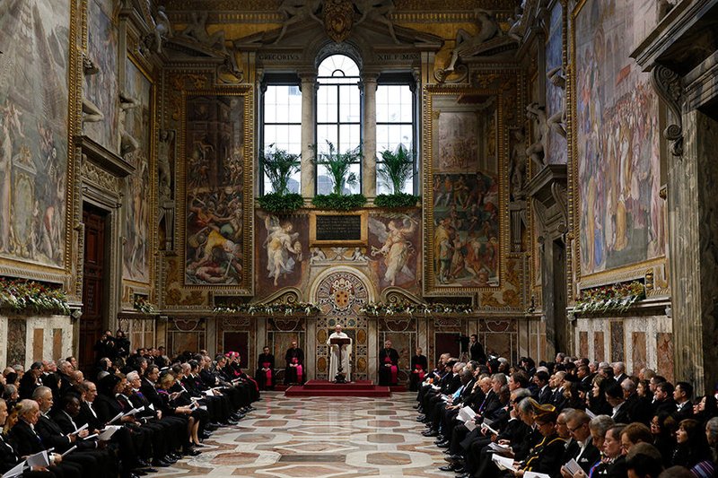 Pope Francis addresses diplomats accredited to the Holy See during an annual meeting at the Vatican Jan. 8. (CNS photo/Paul Haring)