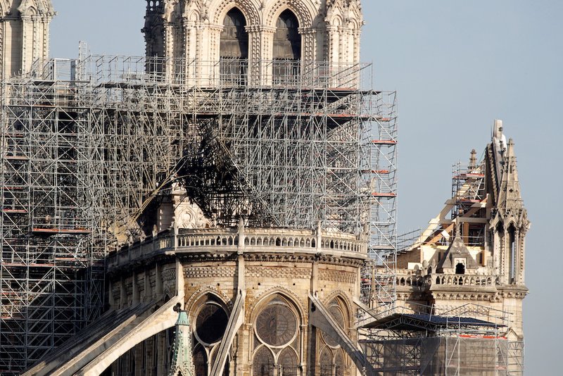A burned portion of Notre Dame Cathedral is in full view April 18