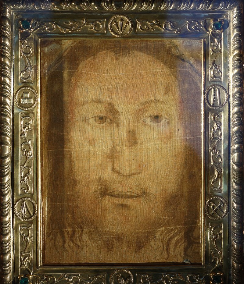 The Holy Face of Manoppello is pictured on display at the shrine in Manoppello