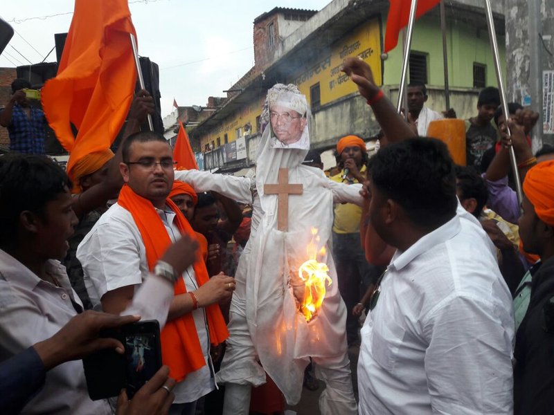 Hindu nationalists are pictured in this file photo burning an effigy of Cardinal Telesphore Toppo