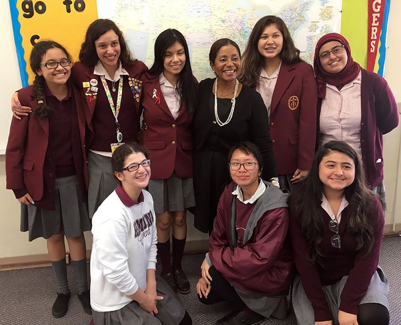 Social rights activist Donzaleigh Abernathy is pictured with students at Ramona Convent School in Alhambra during their recent Women’s Leadership Symposium.