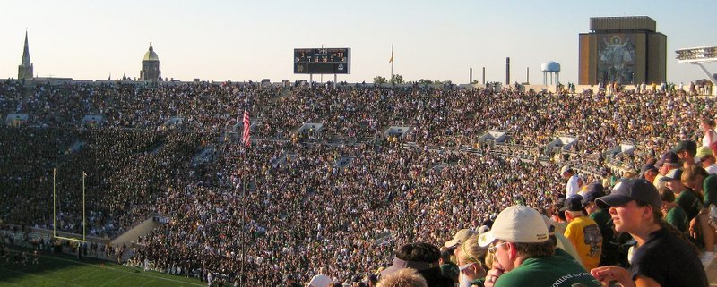 A view from the east side of the Notre Dame Stadium showing (from left to right) the Basilica of the Sacred Heart
