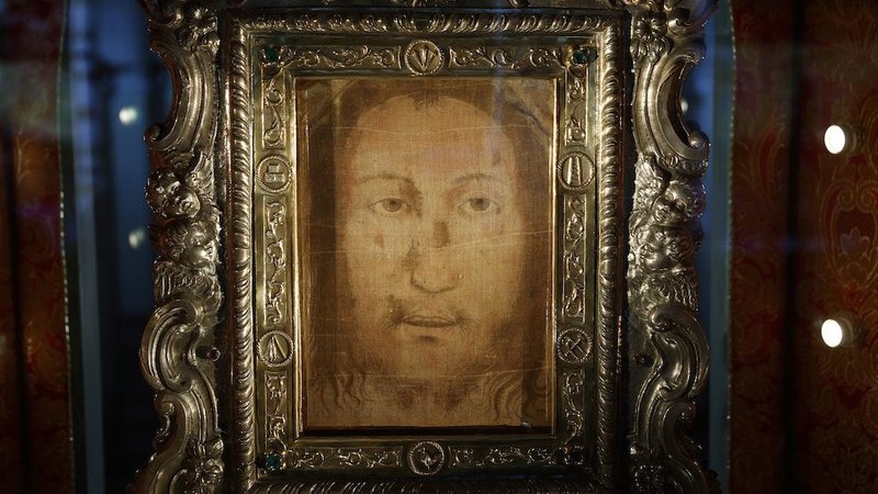 The Holy Face of Manoppello is pictured on display at the shrine in Manoppello, Italy, Jan. 11, 2019. Devotees believe that the almost transparent cloth was one of the burial shrouds that covered the face of Jesus in the tomb and that the image was formed miraculously at the moment of the resurrection. (CNS photo/Paul Haring)