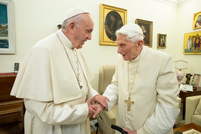 Pope Francis visits retired Pope Benedict XVI last year in the Mater Ecclesiae monastery. (CATHOLIC NEWS SERVICE/VATICAN MEDIA)