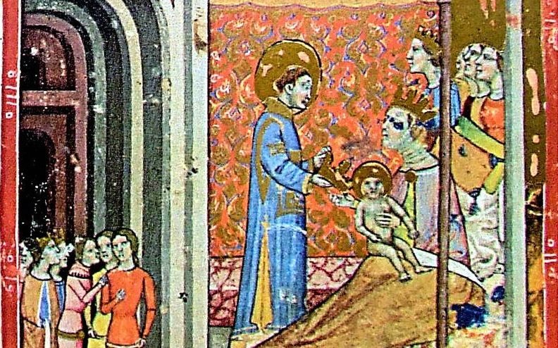 St. Stephen's birth, depicted in the Illuminated Chronicles.(Wikipedia)
