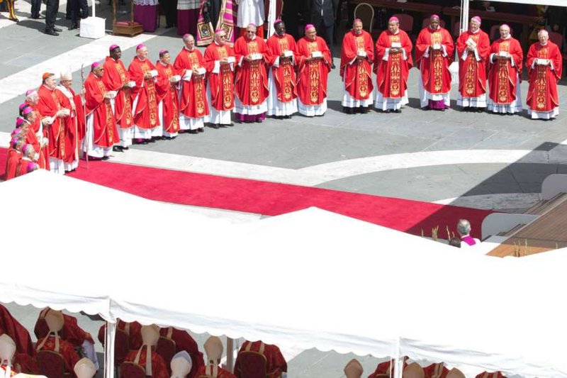 Newly appointed metropolitan archbishops from around the world at a Mass with Pope Francis in St. Peter's Square to recieve their pallia