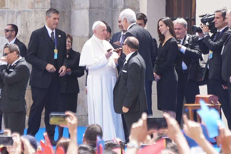 Pope Francis receives key to the city of Bogota during his papal visit to Colombia Sept. 7
