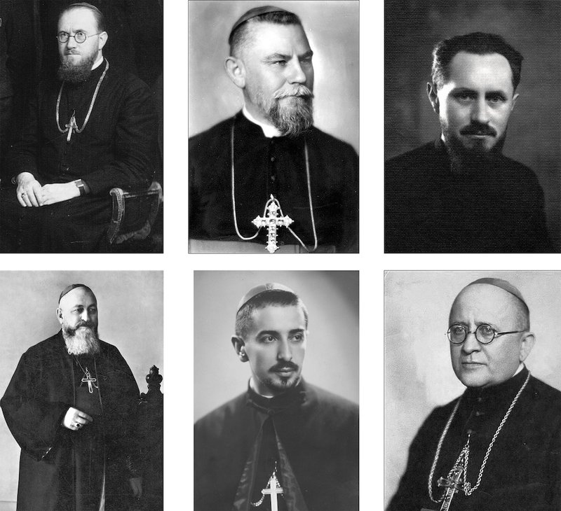 Pictured are six of seven bishops of the Eastern-rite Romanian Catholic Church who died during a fierce anti-religious campaign waged under the communist regime in Romania. Pope Francis recognized their martyrdom and will beatify them in Romania June 2. Clockwise: Auxiliary Bishop Vasile Aftenie of Fagaras and Alba Iulia; Bishop Ioan Balan of Lugoj