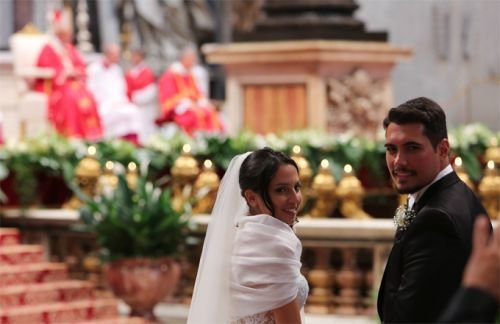 One of the 20 couples who were married by Pope Francis on Sept. 14